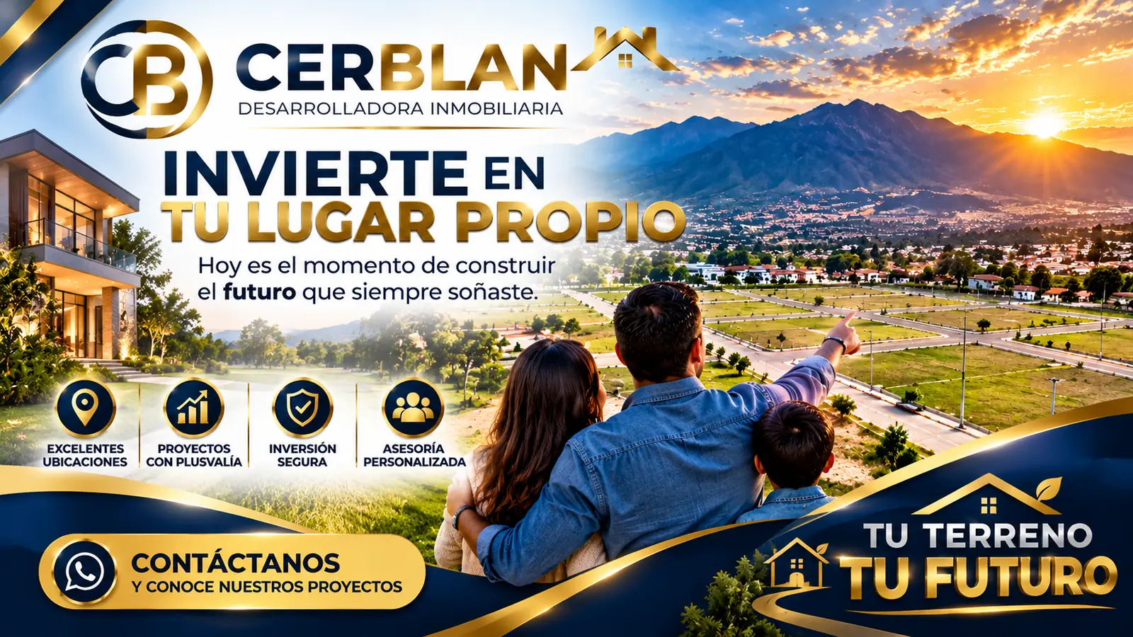 Banner «Invierte en tu lugar propio» con una familia mirando una urbanización