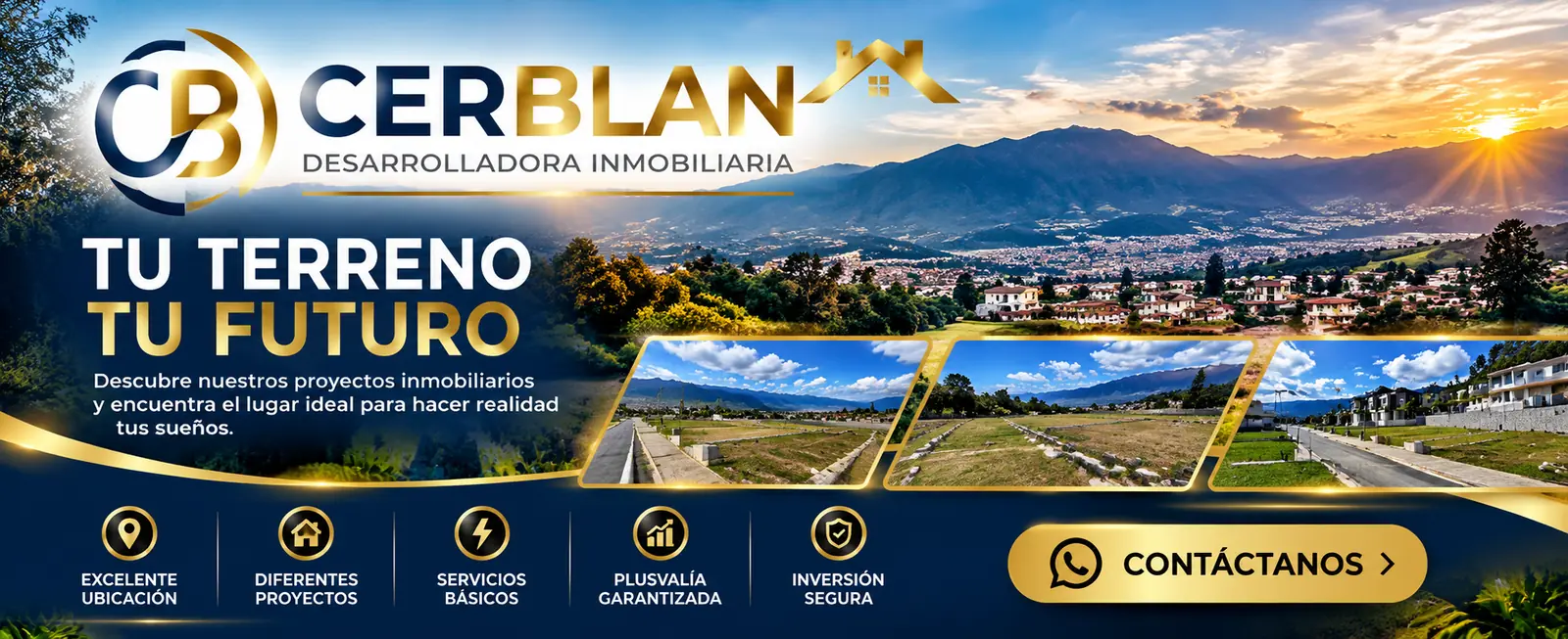 Banner «Tu terreno, tu futuro» con vista panorámica de un valle, montañas al atardecer y tres fotos de lotes