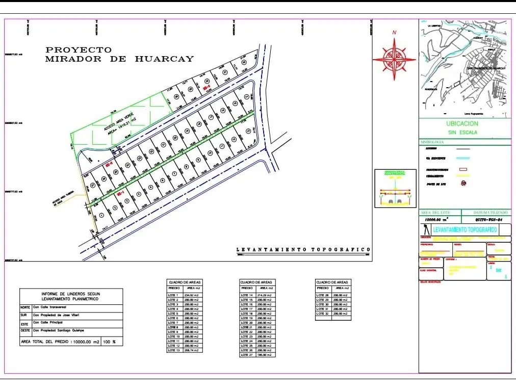 Plano de levantamiento topográfico del Proyecto Mirador de Huarcay con la distribución de lotes, área verde y cuadro de áreas